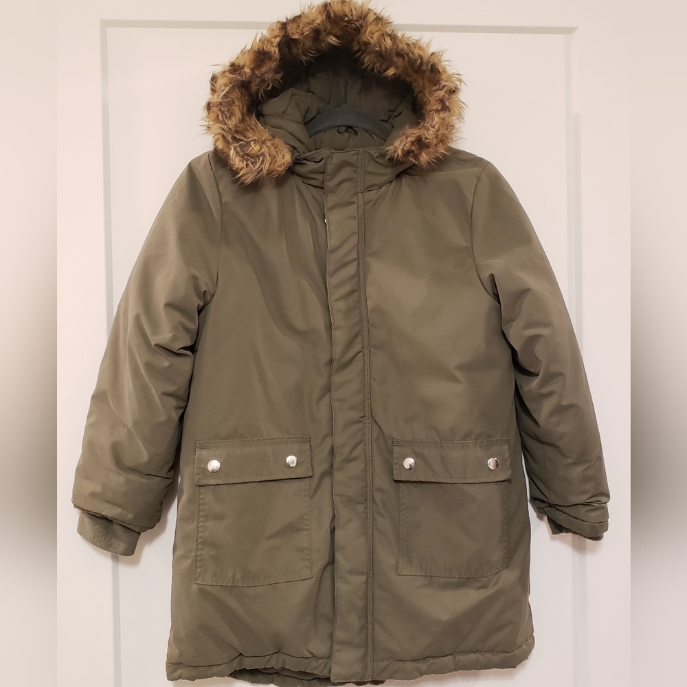 Cat & Jack Green Parka Coat Jacket Youth Size 10/12 Faux Fur Hood Outdoor
